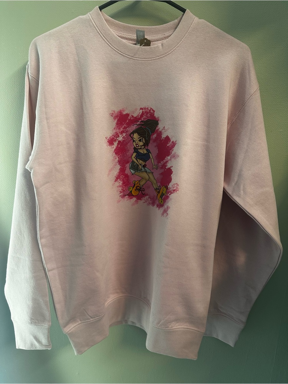 Pink Crewneck Sweatshirt with Cartoon Roller Girl Graphic